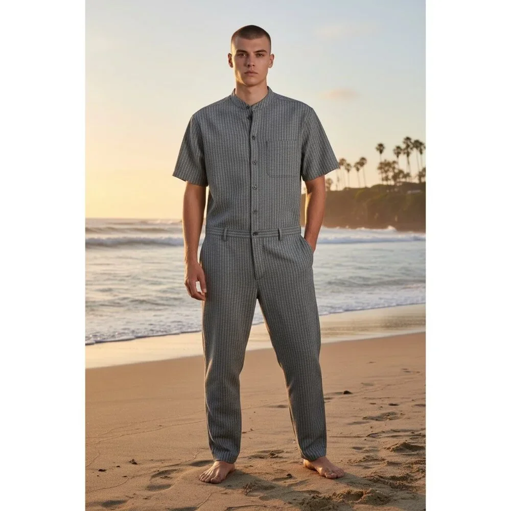 Romperjack Mens Striped Short Sleeve Romper Gray Button Front With Pockets M
